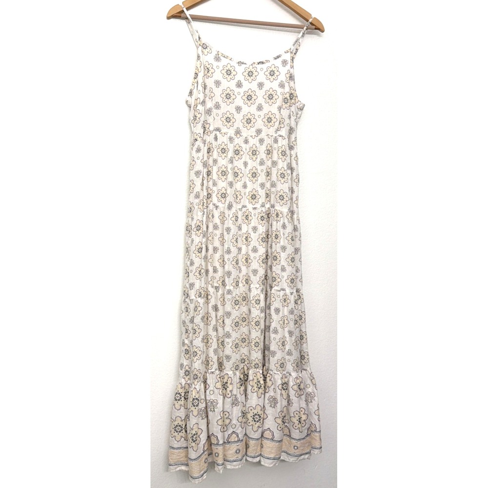 Magaschoni Dress Womens Size Medium Floral Linen Maxi Cream Flower Lined Dress